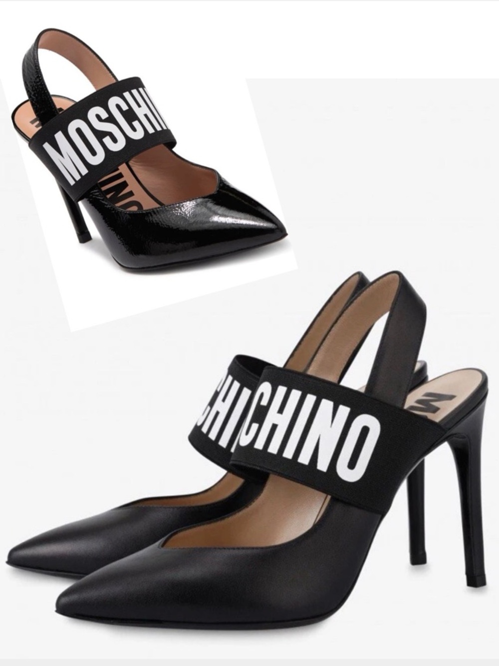 Moschino Black Pointed Slingback Pump with Bold White Logo Strap